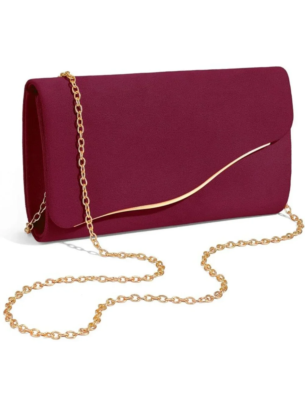 Women's Burgundy Formal Clutch Purse With Detachable Chain Strap Evening Bag